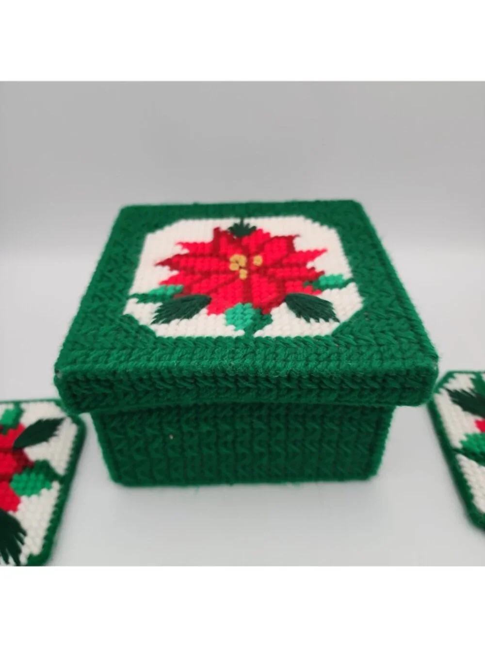 Vintage Cross Stitch Coaster Set Christmas Poinsettia  Set 6 Handmade W/storage